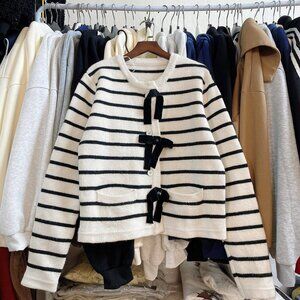 Black White Striped Cardigan Bow Detail French Style
